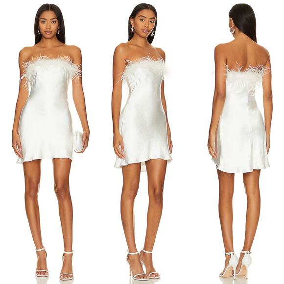 Lovers and Friends | Moira Mini Dress in White Strapless Satin Feather Trim XS - Picture 2 of 13